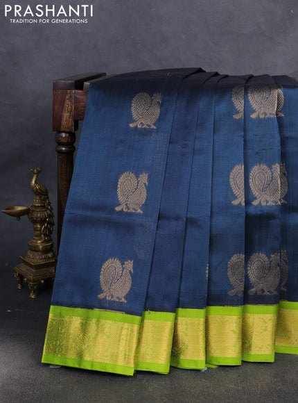 Kuppadam silk cotton saree peacock blue and light green with annam & rudhraksha zari woven buttas and zari woven border