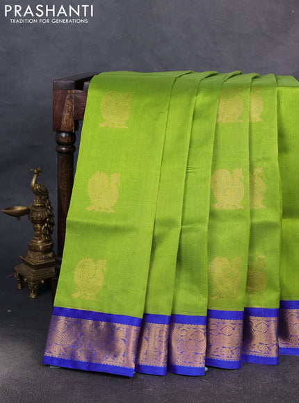 Kuppadam silk cotton saree light green and royal blue with annam & rudhraksha zari woven buttas and zari woven border