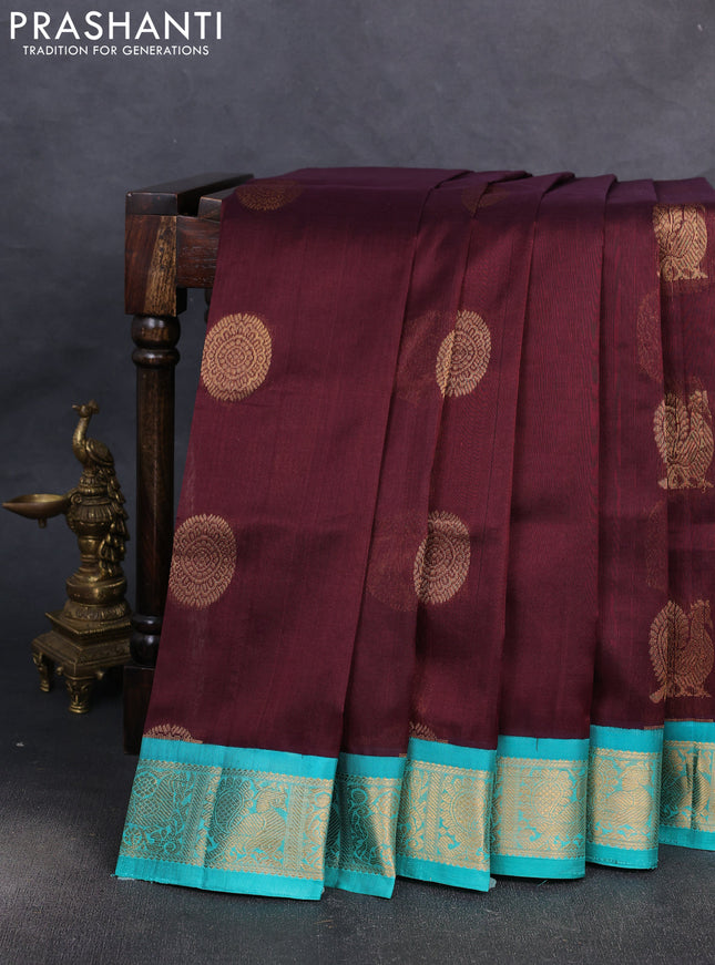 Kuppadam silk cotton saree deep maroon and teal green with annam & rudhraksha zari woven buttas and zari woven border