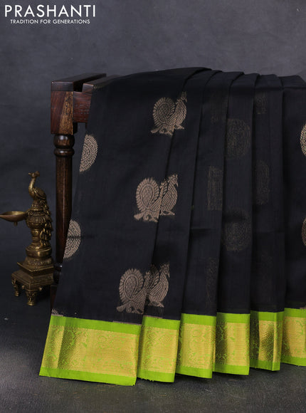 Kuppadam silk cotton saree black and light green with annam & rudhraksha zari woven buttas and zari woven border