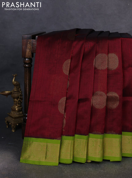 Kuppadam silk cotton saree maroon and light green with annam & rudhraksha zari woven buttas and zari woven border