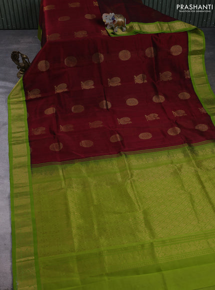 Kuppadam silk cotton saree maroon and light green with annam & rudhraksha zari woven buttas and zari woven border