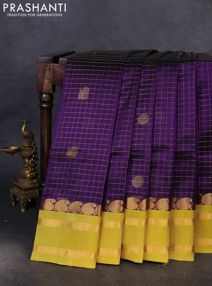 Kuppadam silk cotton saree violet and lime yellow with allover zari checks & buttas and rettapet zari woven border