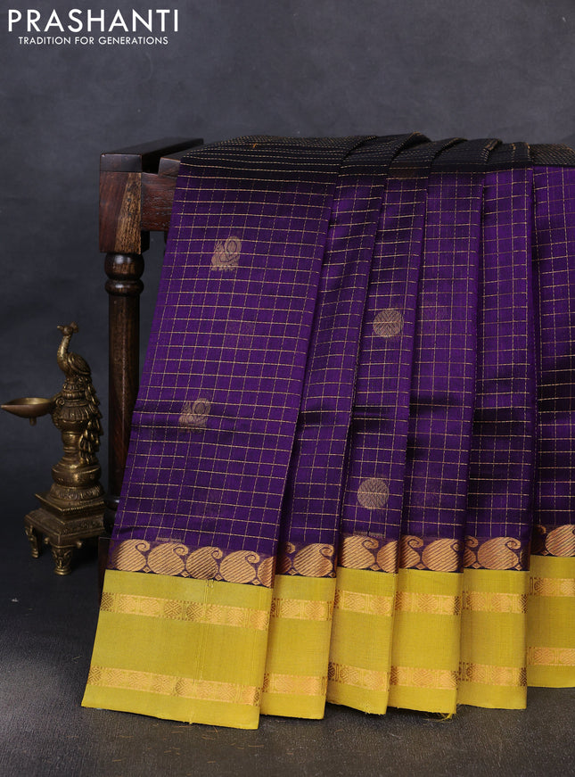 Kuppadam silk cotton saree violet and lime yellow with allover zari checks & buttas and rettapet zari woven border