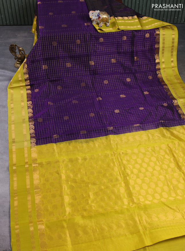 Kuppadam silk cotton saree violet and lime yellow with allover zari checks & buttas and rettapet zari woven border