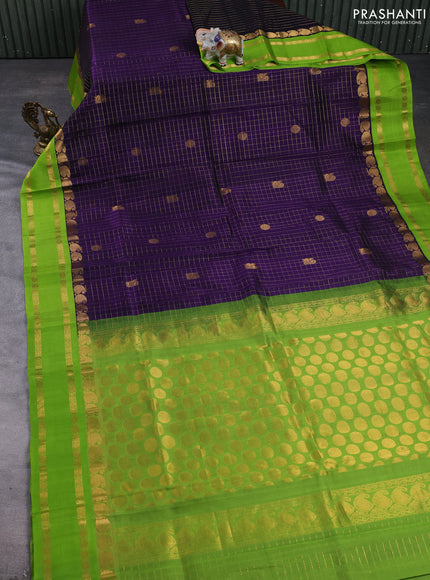 Kuppadam silk cotton saree violet and light green with allover zari checks & buttas and rettapet zari woven border