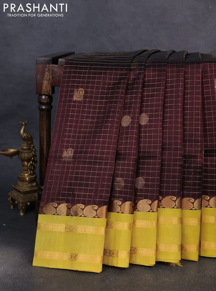 Kuppadam silk cotton saree coffee brown and mustard yellow with allover zari checks & buttas and rettapet zari woven border