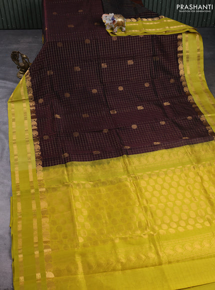 Kuppadam silk cotton saree coffee brown and mustard yellow with allover zari checks & buttas and rettapet zari woven border