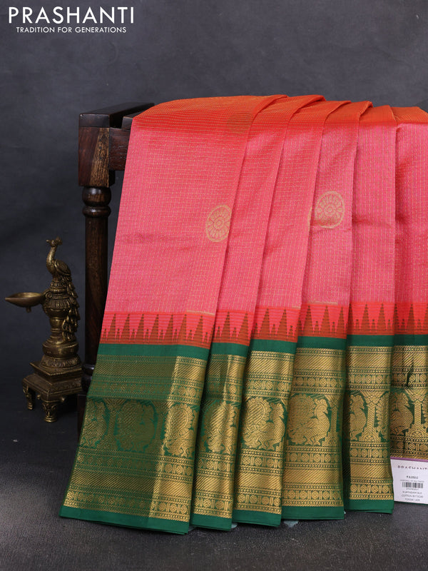 Kuppadam silk cotton saree red shade and green with allover zari checks & buttas and temple design long zari woven border