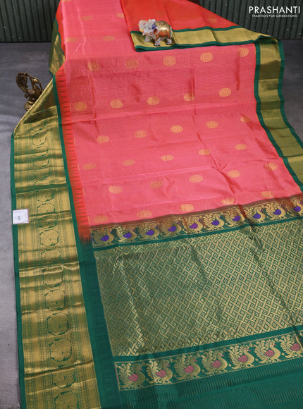 Kuppadam silk cotton saree red shade and green with allover zari checks & buttas and temple design long zari woven border