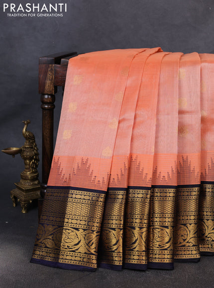 Kuppadam silk cotton saree peach orange and navy blue with allover zari woven buttas and zari woven border