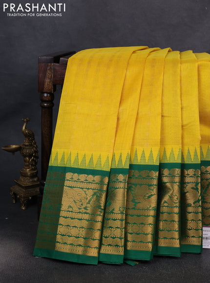 Kuppadam silk cotton saree yellow and green with allover vairaosi pattern & buttas and temple design long zari woven border