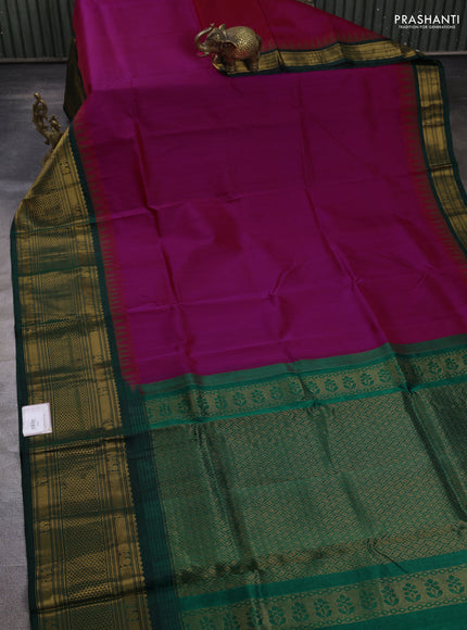 Kuppadam silk cotton saree pink and bottle green with plain body and temple design long zari woven border