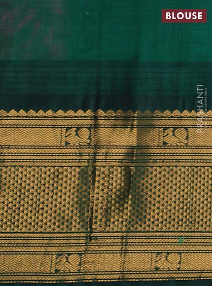 Kuppadam silk cotton saree pink and bottle green with plain body and temple design long zari woven border