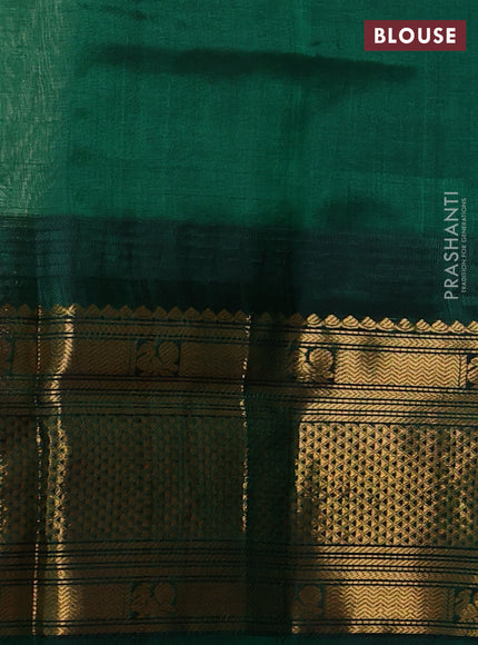 Kuppadam silk cotton saree cream and bottle green with plain body and temple design long zari woven border