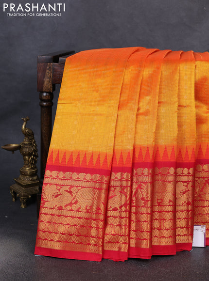 Kuppadam silk cotton saree mango yellow and red with allover vairaosi pattern & buttas and temple design long zari woven border