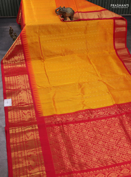 Kuppadam silk cotton saree mango yellow and red with allover vairaosi pattern & buttas and temple design long zari woven border