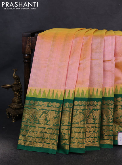 Kuppadam silk cotton saree dual shade of peach and green with allover vairaosi pattern & buttas and temple design long zari woven border