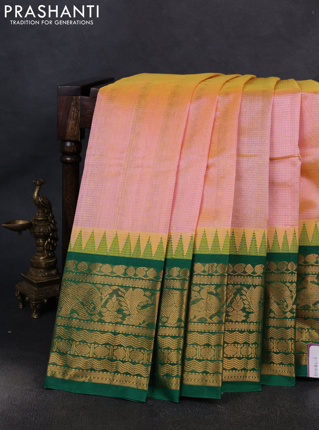 Kuppadam silk cotton saree dual shade of peach and green with allover vairaosi pattern & buttas and temple design long zari woven border