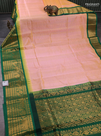 Kuppadam silk cotton saree dual shade of peach and green with allover vairaosi pattern & buttas and temple design long zari woven border