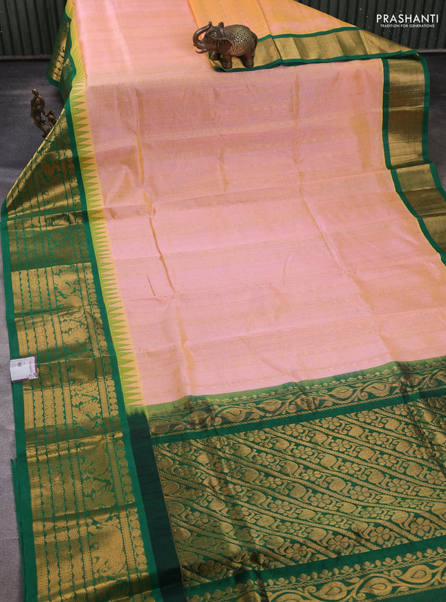 Kuppadam silk cotton saree dual shade of peach and green with allover vairaosi pattern & buttas and temple design long zari woven border
