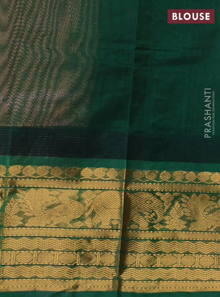 Kuppadam silk cotton saree dual shade of peach and green with allover vairaosi pattern & buttas and temple design long zari woven border