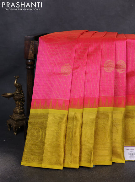 Kuppadam silk cotton saree candy pink and yellow with allover zari checks & buttas and long zari woven border