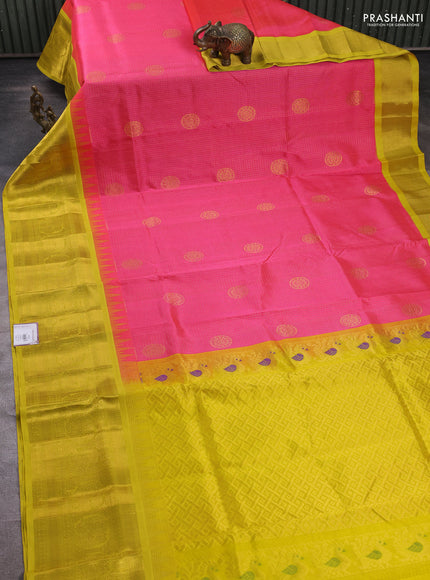 Kuppadam silk cotton saree candy pink and yellow with allover zari checks & buttas and long zari woven border