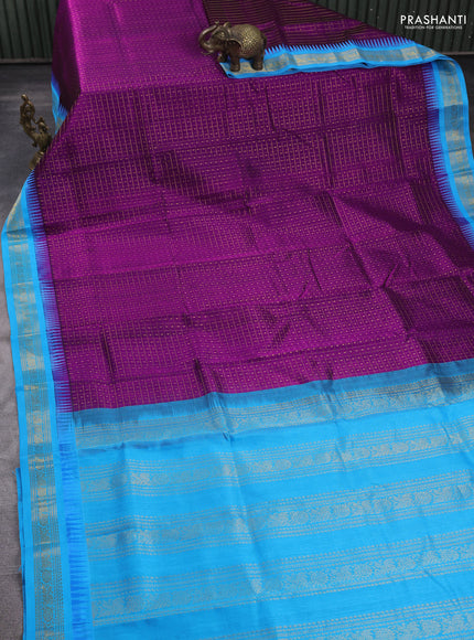 Kuppadam silk cotton saree purple and cs blue with allover lakshadeepam pattern and temple design zari woven border