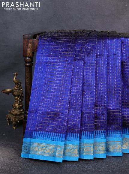 Kuppadam silk cotton saree blue and cs blue with allover lakshadeepam pattern and temple design zari woven border