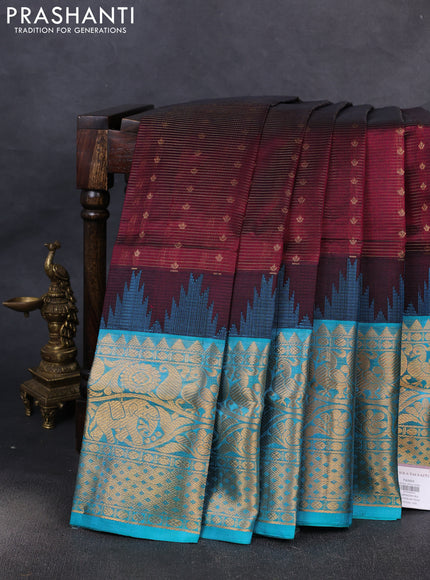 Kuppadam silk cotton saree wine shade and teal blue with allover vairaosi pattern & buttas and temple design long zari woven border