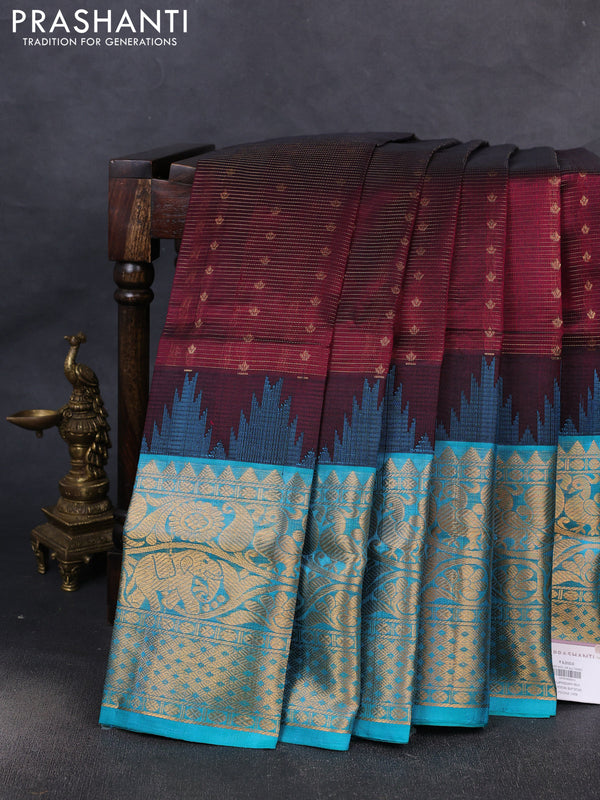 Kuppadam silk cotton saree wine shade and teal blue with allover vairaosi pattern & buttas and temple design long zari woven border