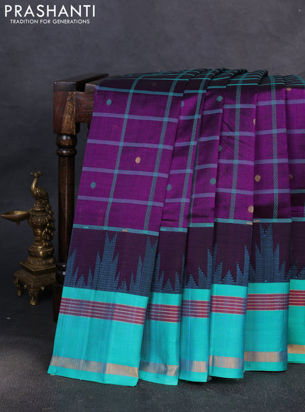 Kuppadam silk cotton saree violet and teal green with allover thread woven checked pattern and temple design zari woven border