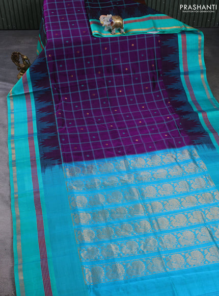 Kuppadam silk cotton saree violet and teal green with allover thread woven checked pattern and temple design zari woven border