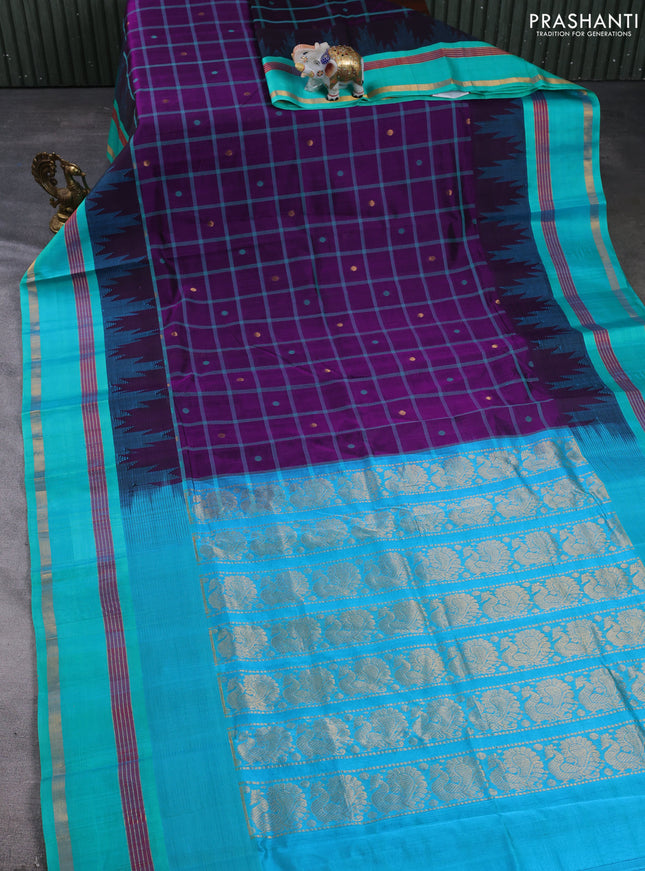 Kuppadam silk cotton saree violet and teal green with allover thread woven checked pattern and temple design zari woven border