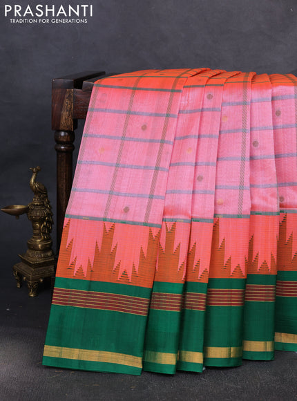 Kuppadam silk cotton saree peach orange and green with allover thread woven checked pattern and temple design zari woven border