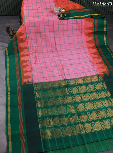 Kuppadam silk cotton saree peach orange and green with allover thread woven checked pattern and temple design zari woven border