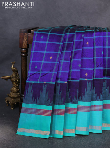 Kuppadam silk cotton saree navy blue and teal green with allover thread woven checked pattern and temple design zari woven border