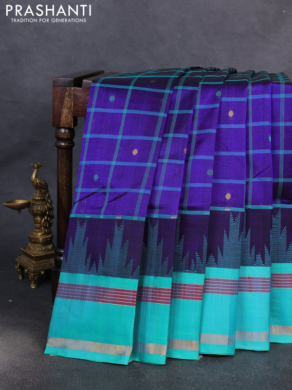 Kuppadam silk cotton saree navy blue and teal green with allover thread woven checked pattern and temple design zari woven border