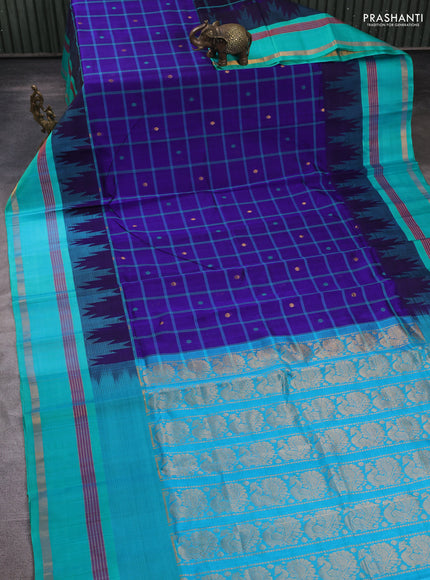 Kuppadam silk cotton saree navy blue and teal green with allover thread woven checked pattern and temple design zari woven border