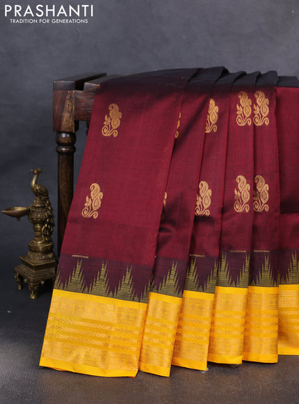 Kuppadam silk cotton saree deep maroon and mango yellow with zari woven buttas and temple design zari woven border