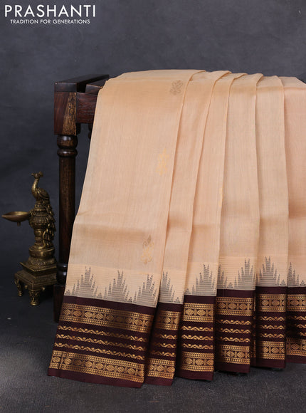 Kuppadam silk cotton saree sandal and deep maroon with zari woven buttas and temple design zari woven border