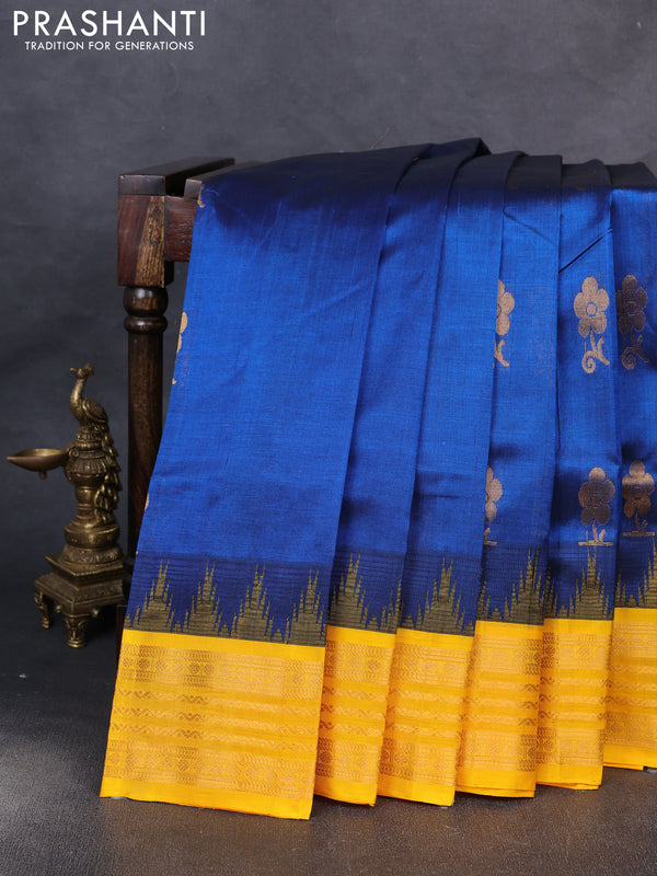 Kuppadam silk cotton saree peacock blue and yellow with zari woven buttas and temple design zari woven border