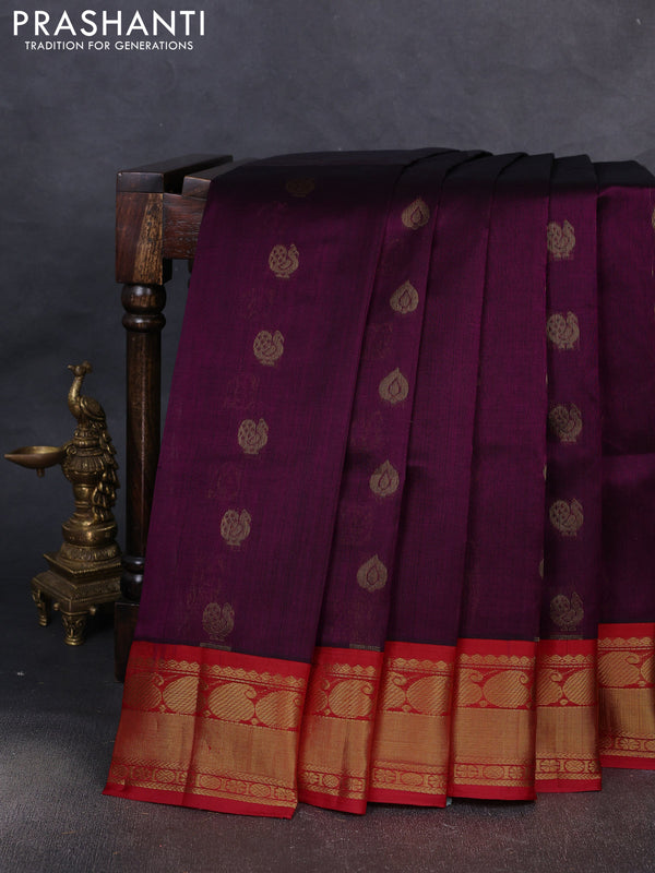 Kuppadam silk cotton saree purple and red with annam zari woven buttas and zari woven border