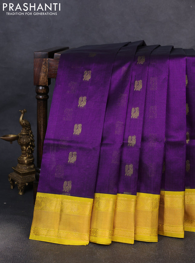 Kuppadam silk cotton saree violet and yellow with annam zari woven buttas and zari woven border