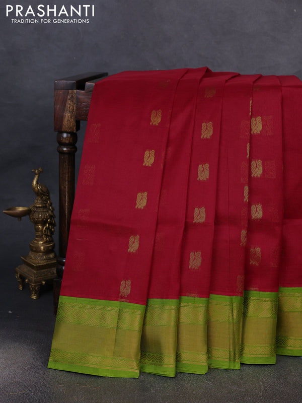 Kuppadam silk cotton saree red and light green with annam zari woven buttas and zari woven border