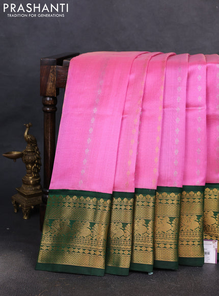 Kuppadam silk cotton saree candy pink and green with allover silver & gold zari weaves and long zari woven border