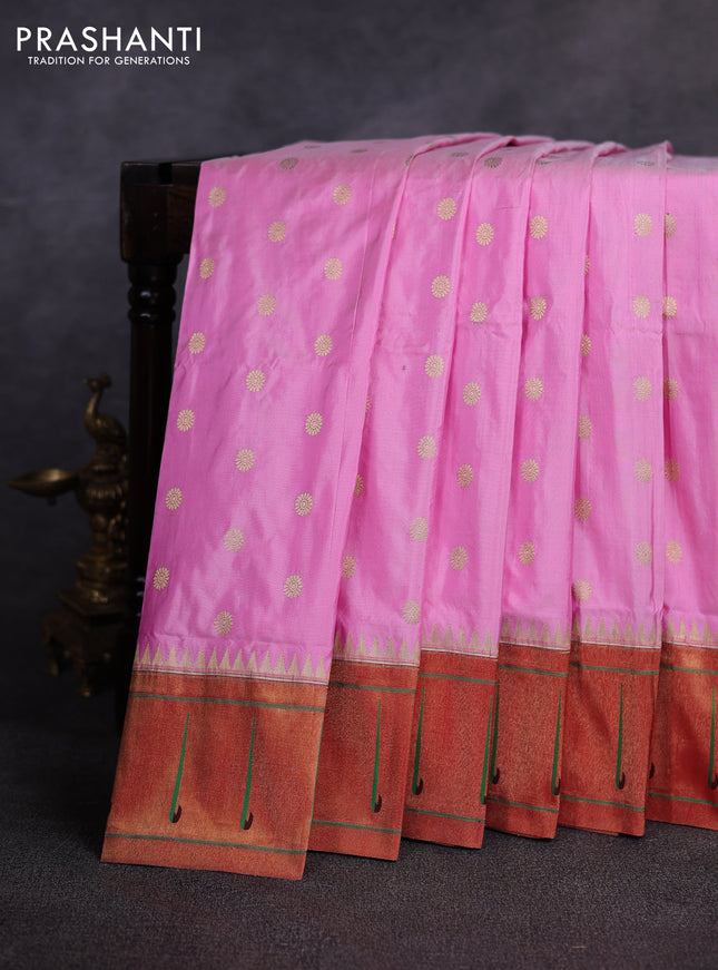 Pure paithani silk saree light pink and red with allover zari woven buttas and zari woven muniya butta border