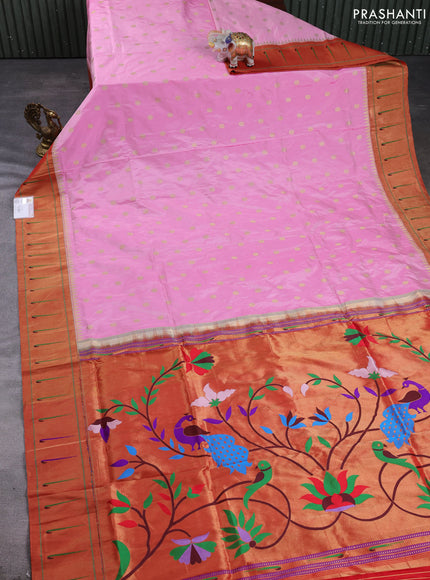 Pure paithani silk saree light pink and red with allover zari woven buttas and zari woven muniya butta border