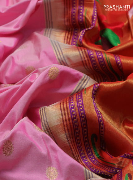 Pure paithani silk saree light pink and red with allover zari woven buttas and zari woven muniya butta border